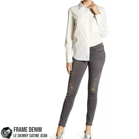 FRAME DENIM LE SKINNY SATINE DESTROYED JEANS IN GREY’S INN DARK GREY SIZE 27 - Picture 5 of 13